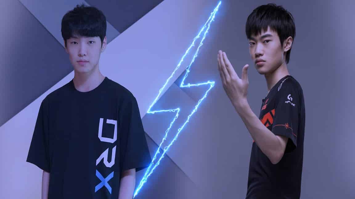 LoL mid laners Chovy and Knight standing across from each other and a lightning bolt between them