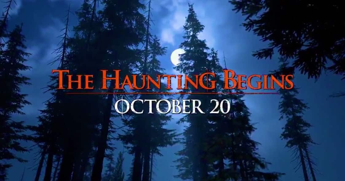 The wooded forests of Verdansk appear at night with a full moon hanging in the sky. The words "The Haunting Begins, October 20" appear in orange and white