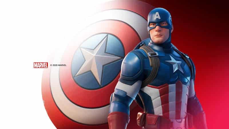The Captain America skin in Fortnite, featuring the Marvel Super hero in his classic red, white and blue costume, weilding his Vibranium-steel alloy shield