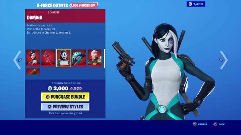 The Fortnite skin for the Marvel hero Domino, with her black and white body suit and pistol drawn