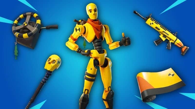 The Dummy skin in Fortnite. A yellow crash test dummy with a red neck scarf
