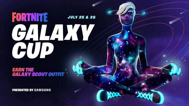 The Fortnite Galaxy Scout skin, featuring a white haired scout dressed in a skin tight body suit with glowing constellations of stars scattered across it