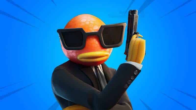 The Fortnite Skin, Contract Giller. A humanoid fish in a smart black suit with dark sunglasses and a pistol