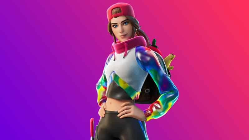 The Fortnite skin for Australian content creator, Loserfruit. Featuring a backwards baseball cap and a rainbow sleeved crop-top hoodie