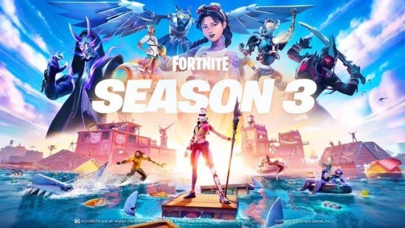 The promotional image for season 3 of Fortnite featuring the Aquaman surfboard