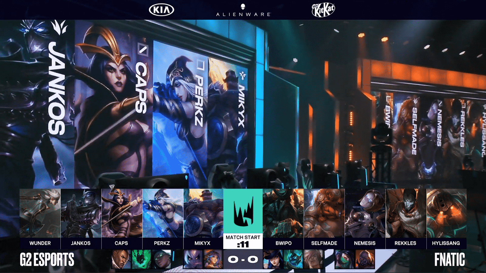 The LEC studio arena with champion images on big screens with the G2 and FNC game one drafts below
