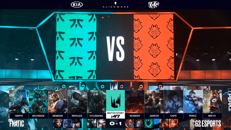 The LEC studio arena with champion images on big screens with the G2 and FNC game two drafts below