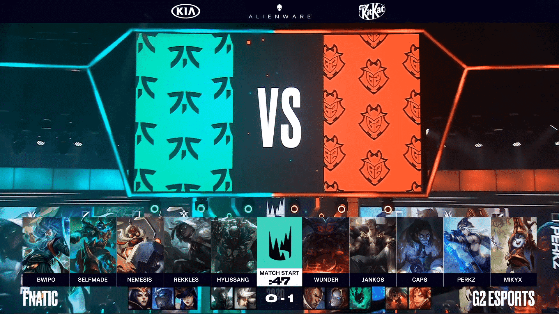 The LEC studio arena with champion images on big screens with the G2 and FNC game two drafts below