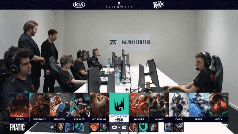 The Fnatic LEC squad prepares for a their game three with G2 with their champion drafts below