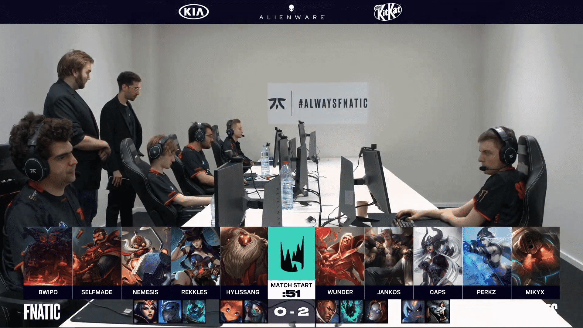 The Fnatic LEC squad prepares for a their game three with G2 with their champion drafts below