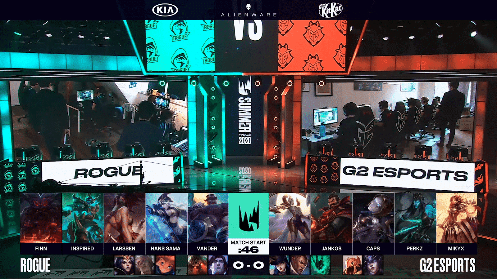 The LEC studio stage with Rogue's and G2's game one drafts on bottom