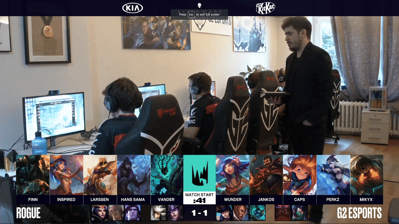 The G2 LEC roster lined up before game with their's and Rogue's game 3 drafts on bottom