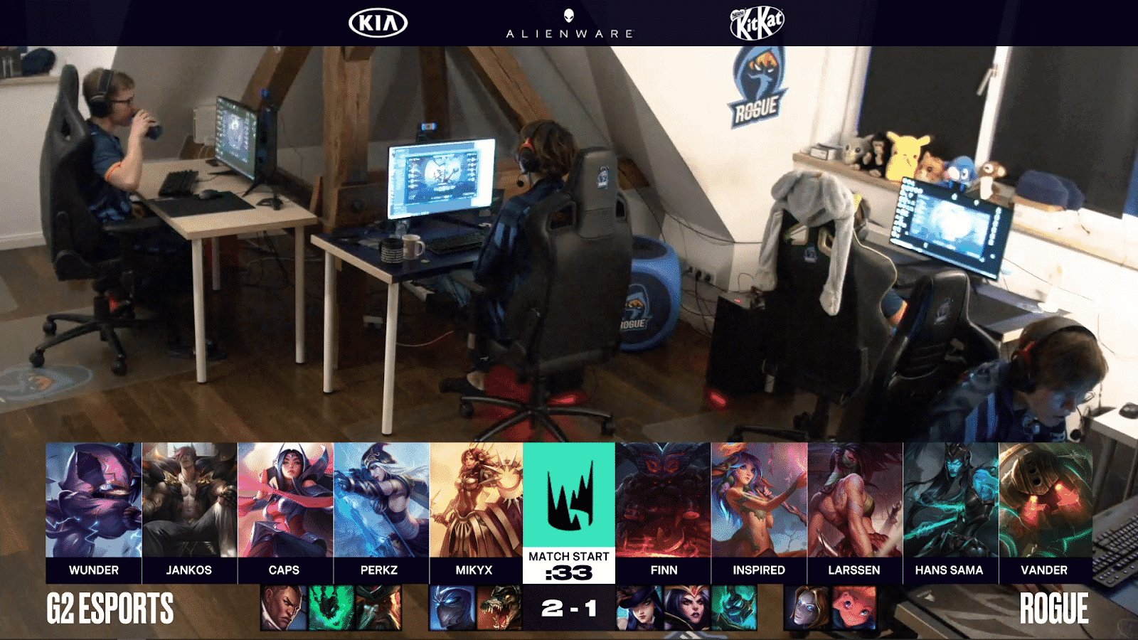 The Rogue LEC roster preparing for game four against G2 with their drafts on bottom