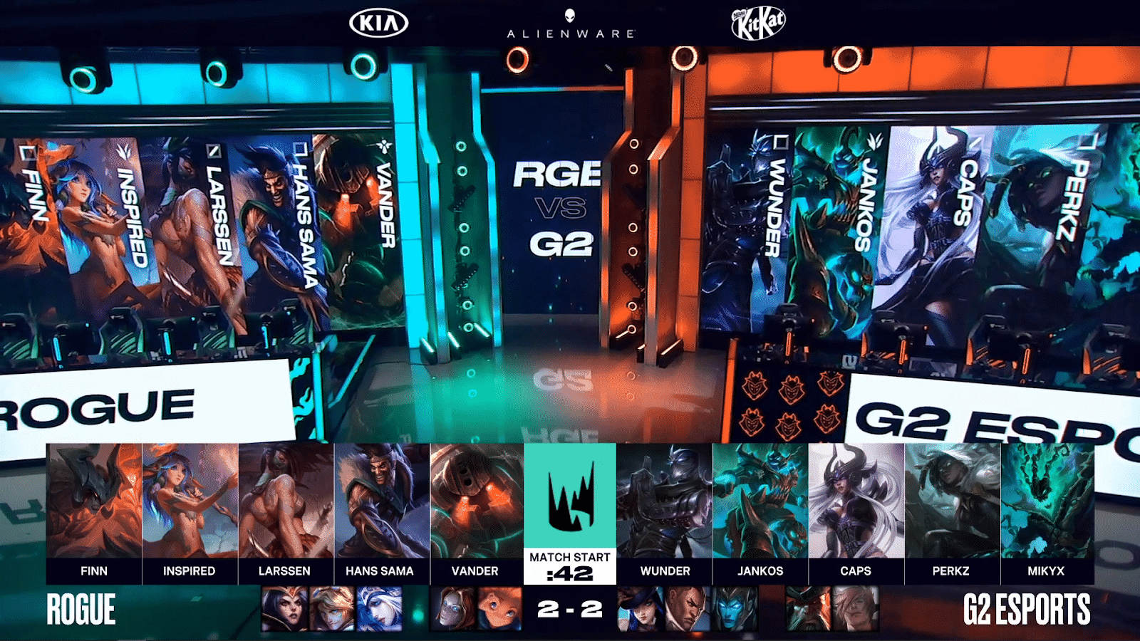 The LEC studio stage with Rogue's and G2's game five drafts on bottom