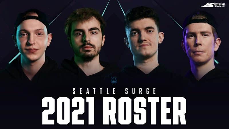 Sam "Octane" Larew, Daniel ‘Loony’ Loza, Peirce ‘Gunless’ Hillman and Preston ‘Prestinni’ Sanderson side by side with the words "Seattle Surge 2021 Roster" below