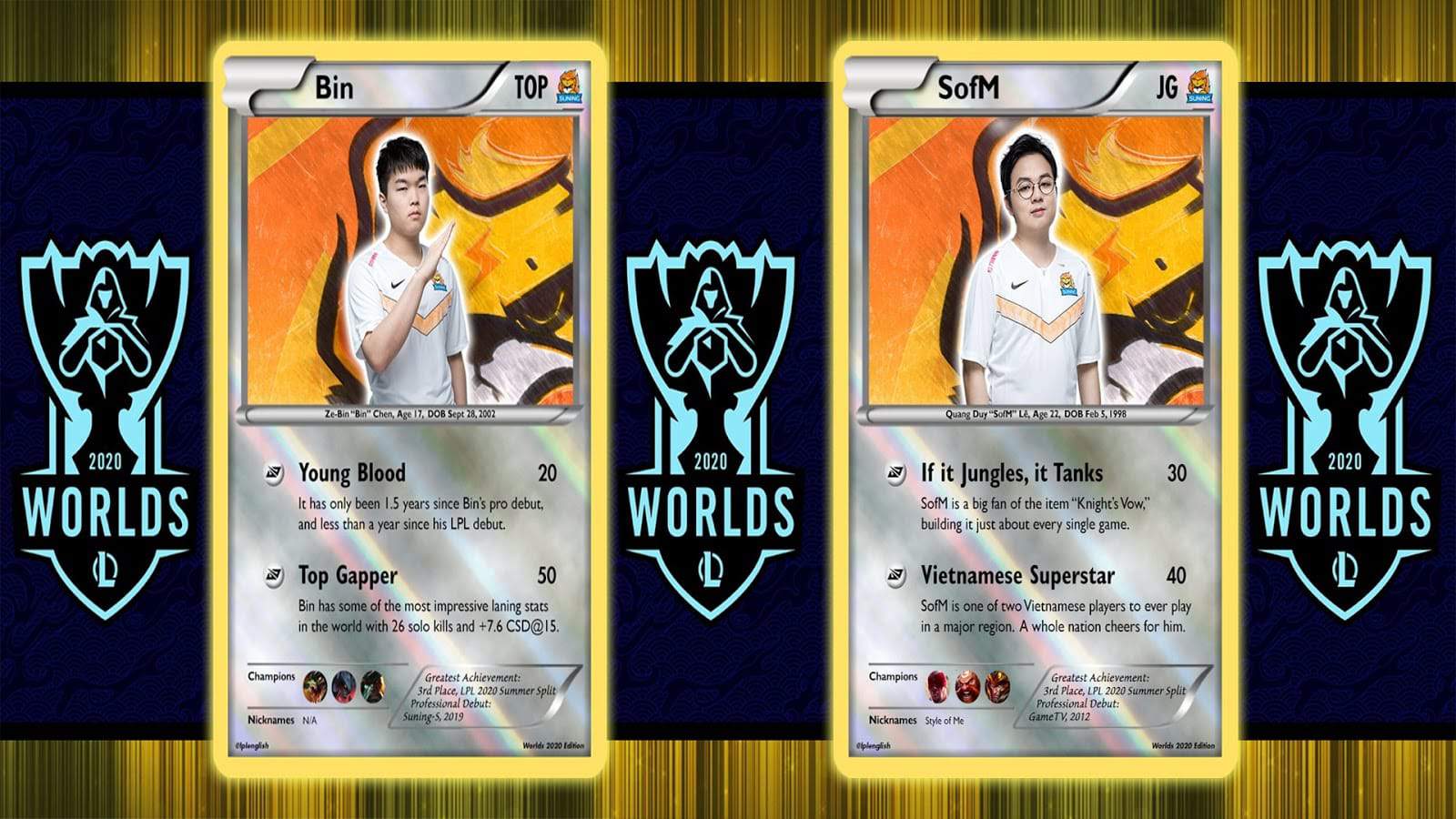 Suning Gaming players Bin and SofM on fake Pokemon cards with the Worlds 2020 logos
