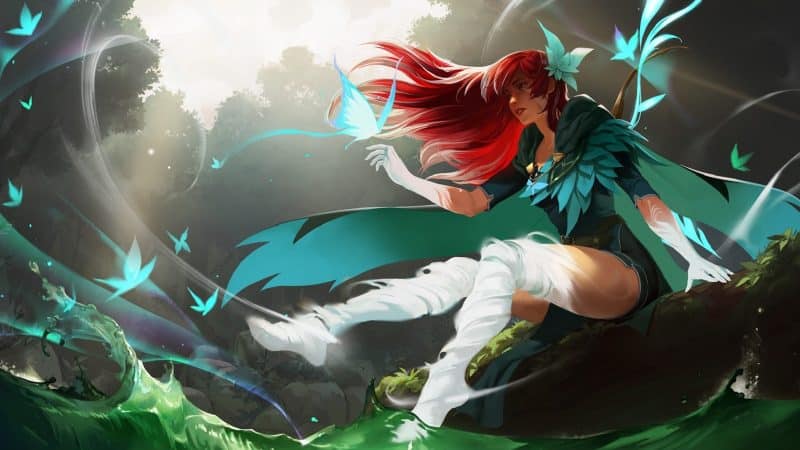 Windranger from Dota 2 sitting on a log in a magical forest