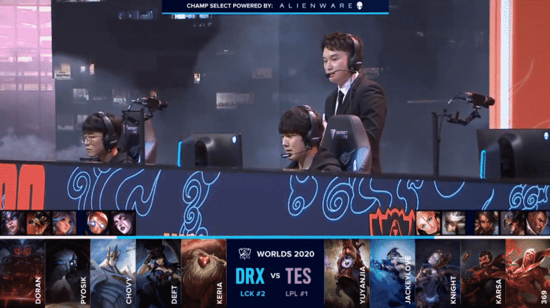 The Top Esports LoL team on the Worlds 2020 stage before their game with DRX featuring the teams' drafts below