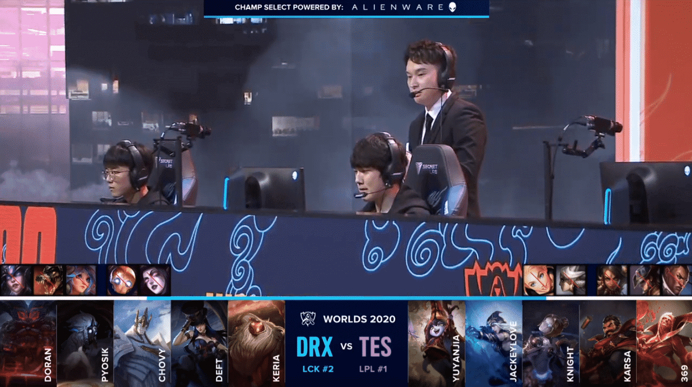 The Top Esports LoL team on the Worlds 2020 stage before their game with DRX featuring the teams' drafts below