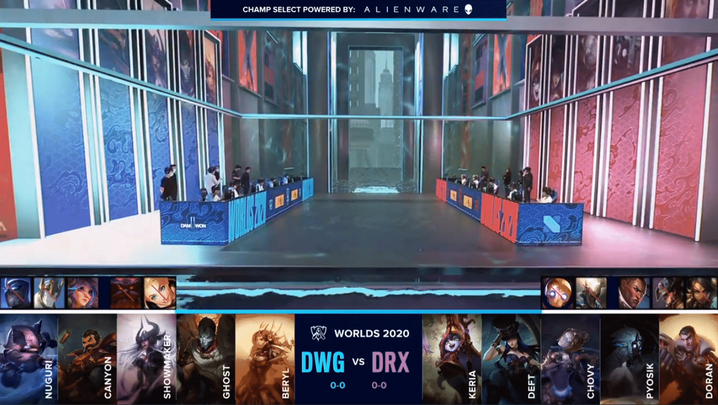 The Damwon Gaming and DRX LoL rosters on a flooded Worlds 2020 stage with their game one drafts below