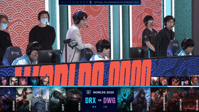 The Damwon LoL team on the Worlds 2020 stage getting ready for a game versus DRX with their game two drafts below