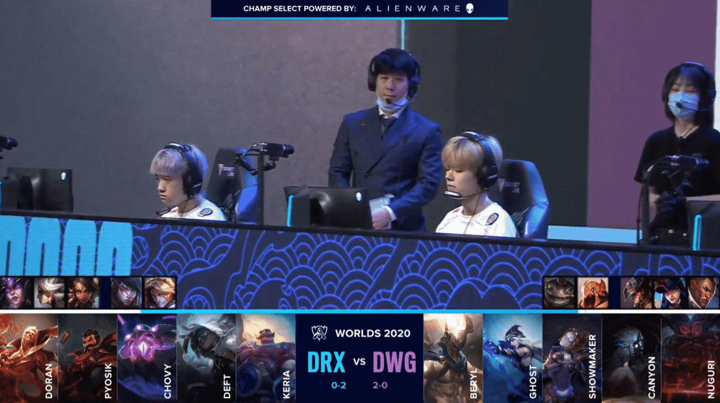 The DRX LoL team on the Worlds 2020 stage ahead of their match against Damwon Gaming with their game three drafts below