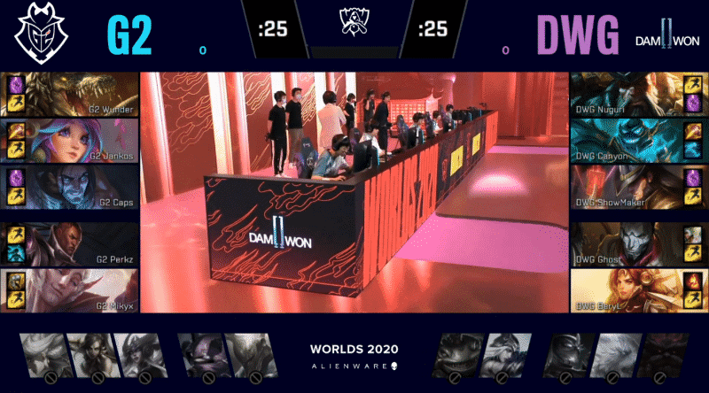The Damwon Gaming LoL squad on the Worlds 2020 stage with their game one drafts with G2 on the sides