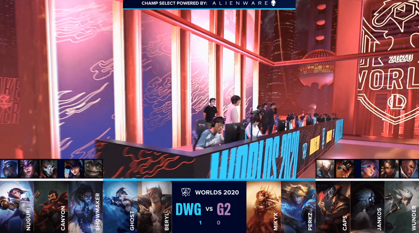 The Damwon Gaming LoL team on the Worlds 2020 stage before their game two against G2 with their drafts below