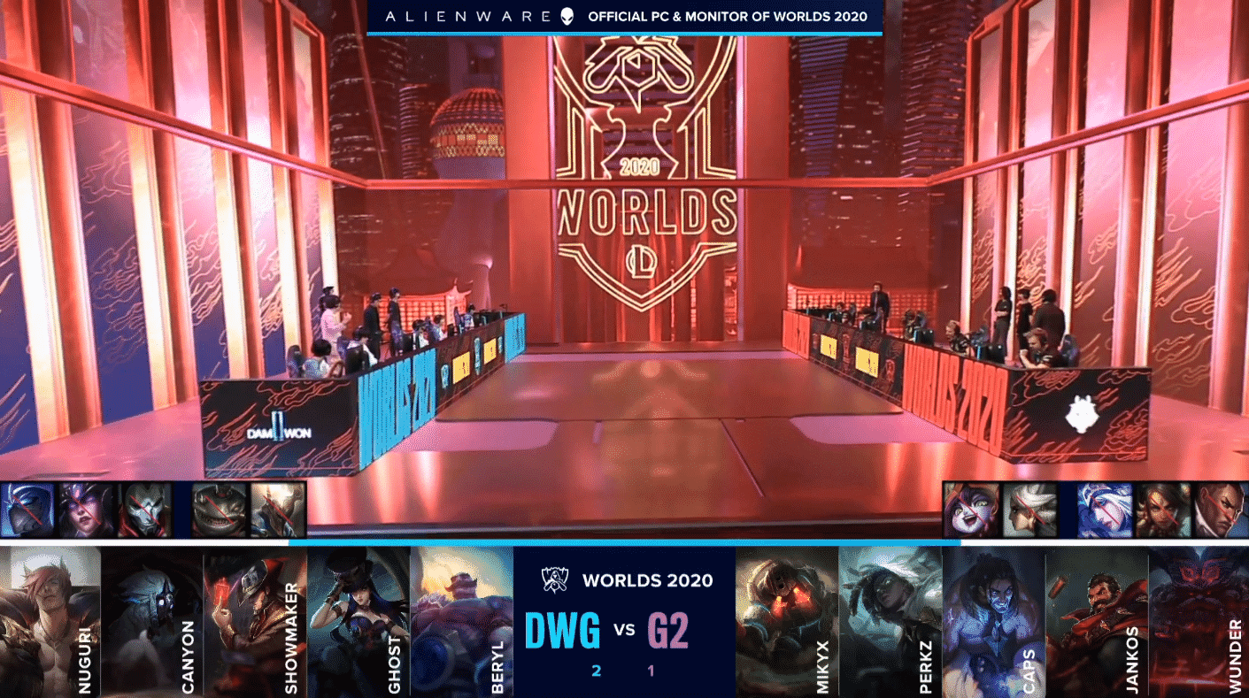 The Damwon and G2 LoL teams on the Worlds 2020 stage with the teams' game four drafts below