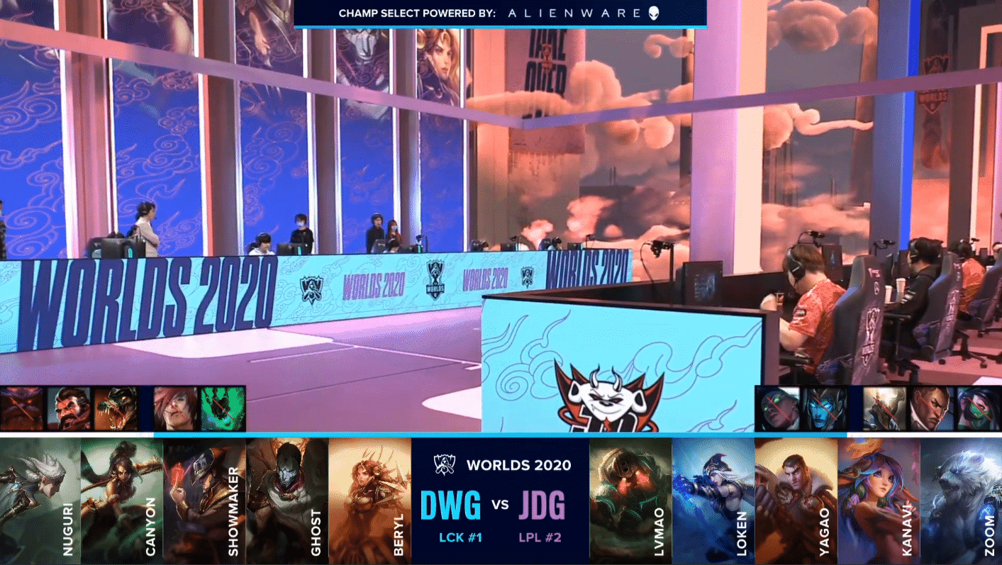 The Damwon Gaming and JD Gaming LoL teams on the Worlds 2020 stage with their game drafts below