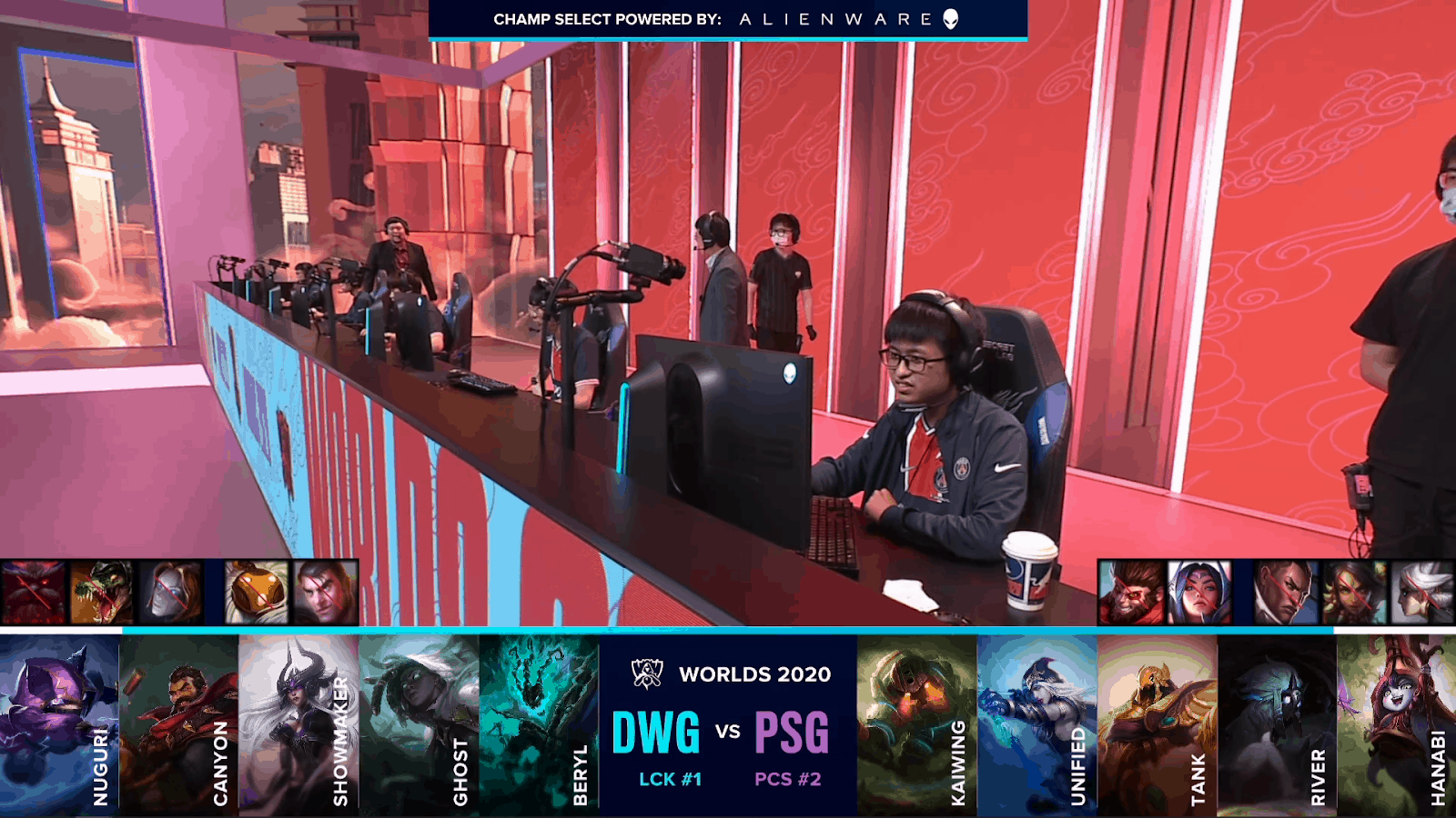 The PSG Talon LoL squad on the Worlds 2020 stage waiting to start their match against Damwon, featuring the teams' drafts below