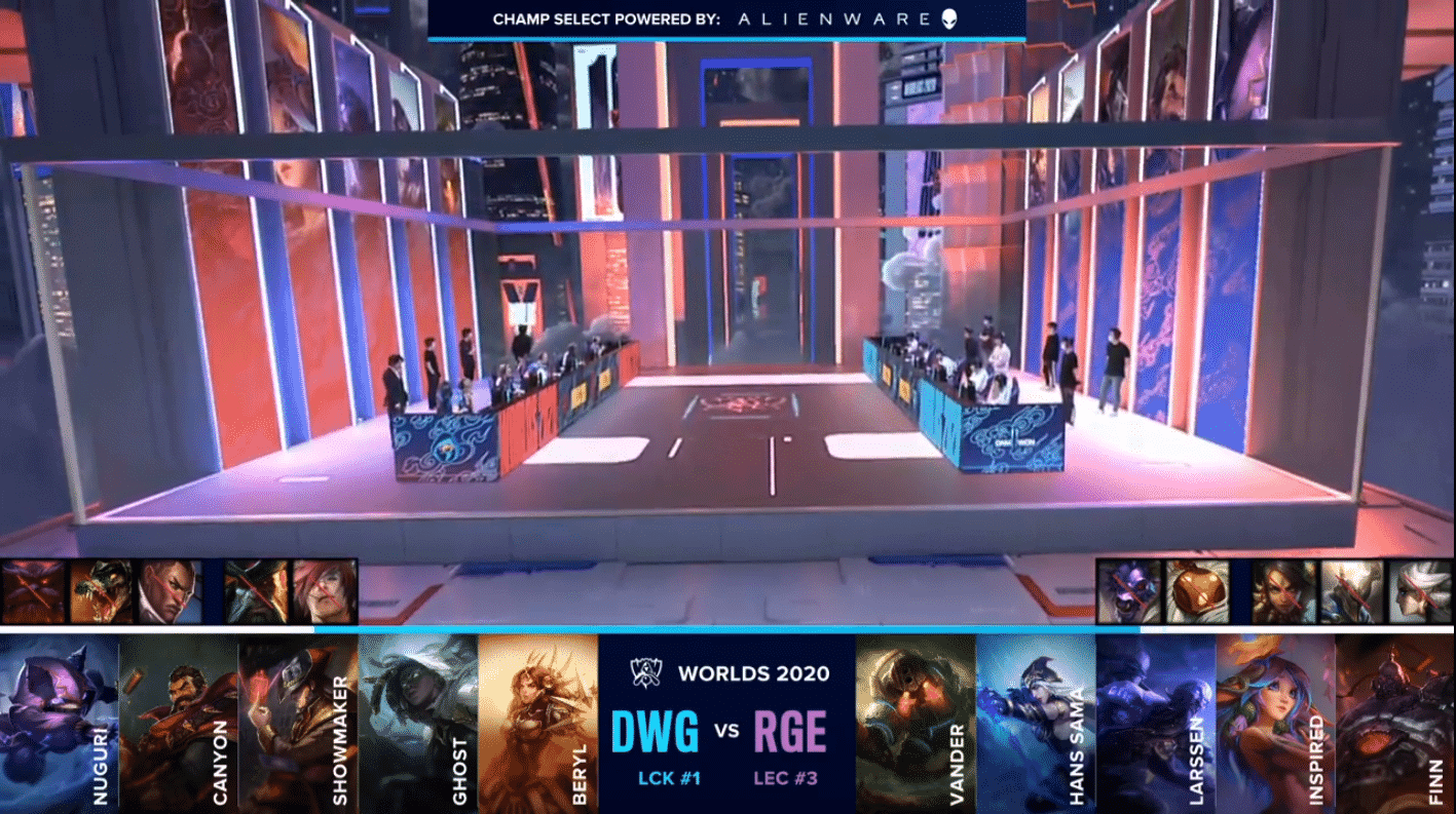 The Damwon Gaming and Rogue LoL teams on stage with their game drafts below