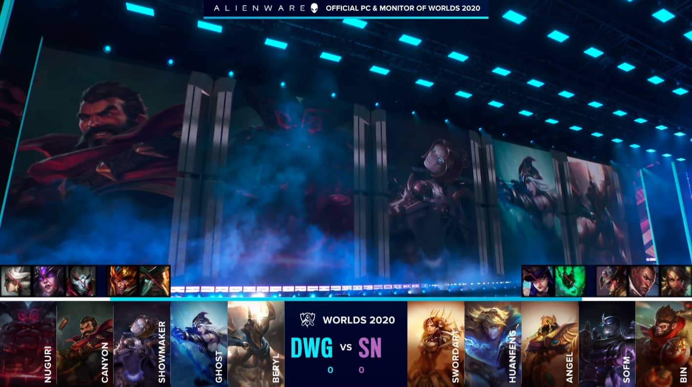 The game one drafts in the 2020 LoL Worlds Finals match between Damwon and Suning are featured at the bottom of the picture with portraits of Graves, Ornn, Orianna, Ashe and Pantheon on huge monitors with smoke emerging from below
