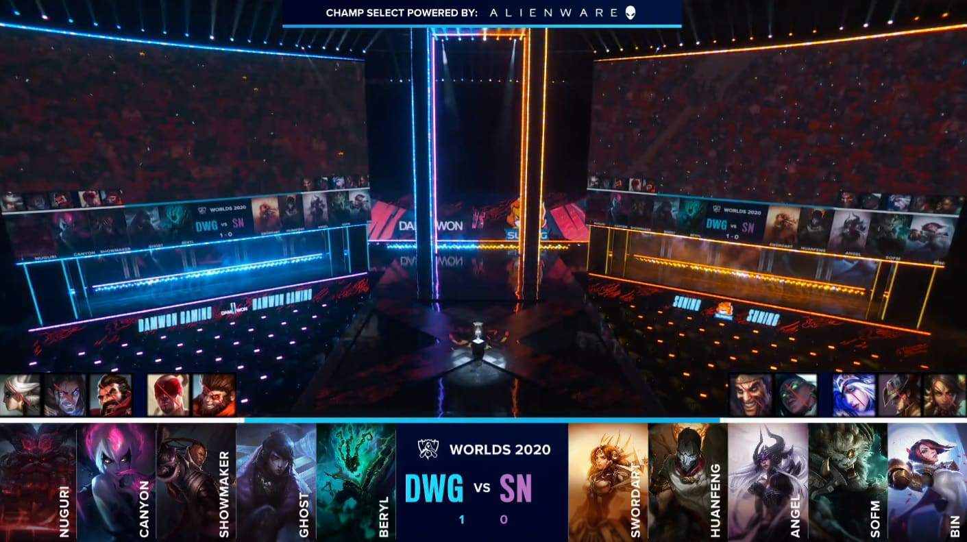 The Damwon Gaming and Suning LoL teams on the Worlds 2020 stage with huge monitors showing the Shanghai crowd at the event with the teams' game two drafts below