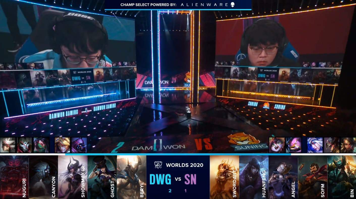The Damwon and Suning LoL teams in rooms on the Worlds 2020 stages with two players on huge monitors above and the teams' game four drafts below