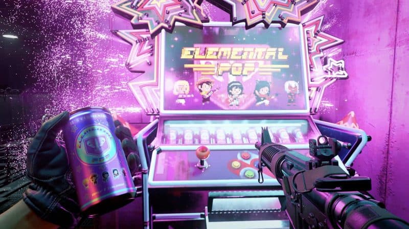 A player holding a rifle and drinking a can of Elemental Pop in front of an Elemental Pop soda machine, a bright pink vending machine with some pixel art characters on the screen