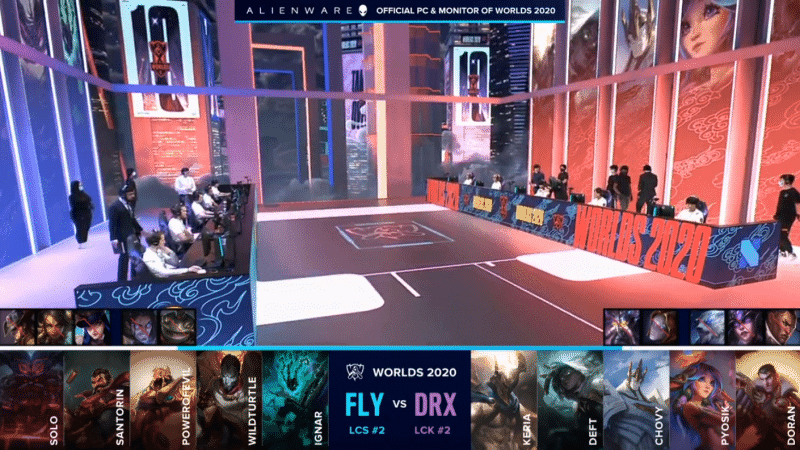 The FlyQuest and DRX LoL teams on the Worlds 2020 stage with their game draft below