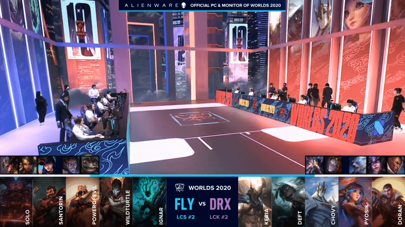 The FlyQuest and DRX LoL teams on the Worlds 2020 stage with their game draft below