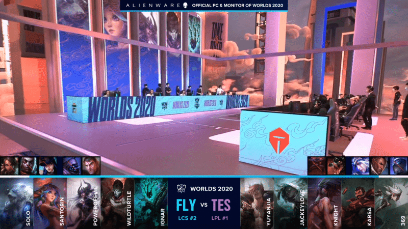 A shot of FlyQuest and Top Esports at their computers on the Worlds 2020 stage and their game drafts below