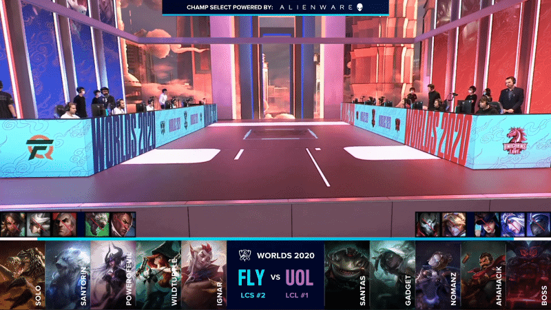 The FlyQuest and Unicorns of Love LoL roster on the Worlds 2020 stage with their game drafts below