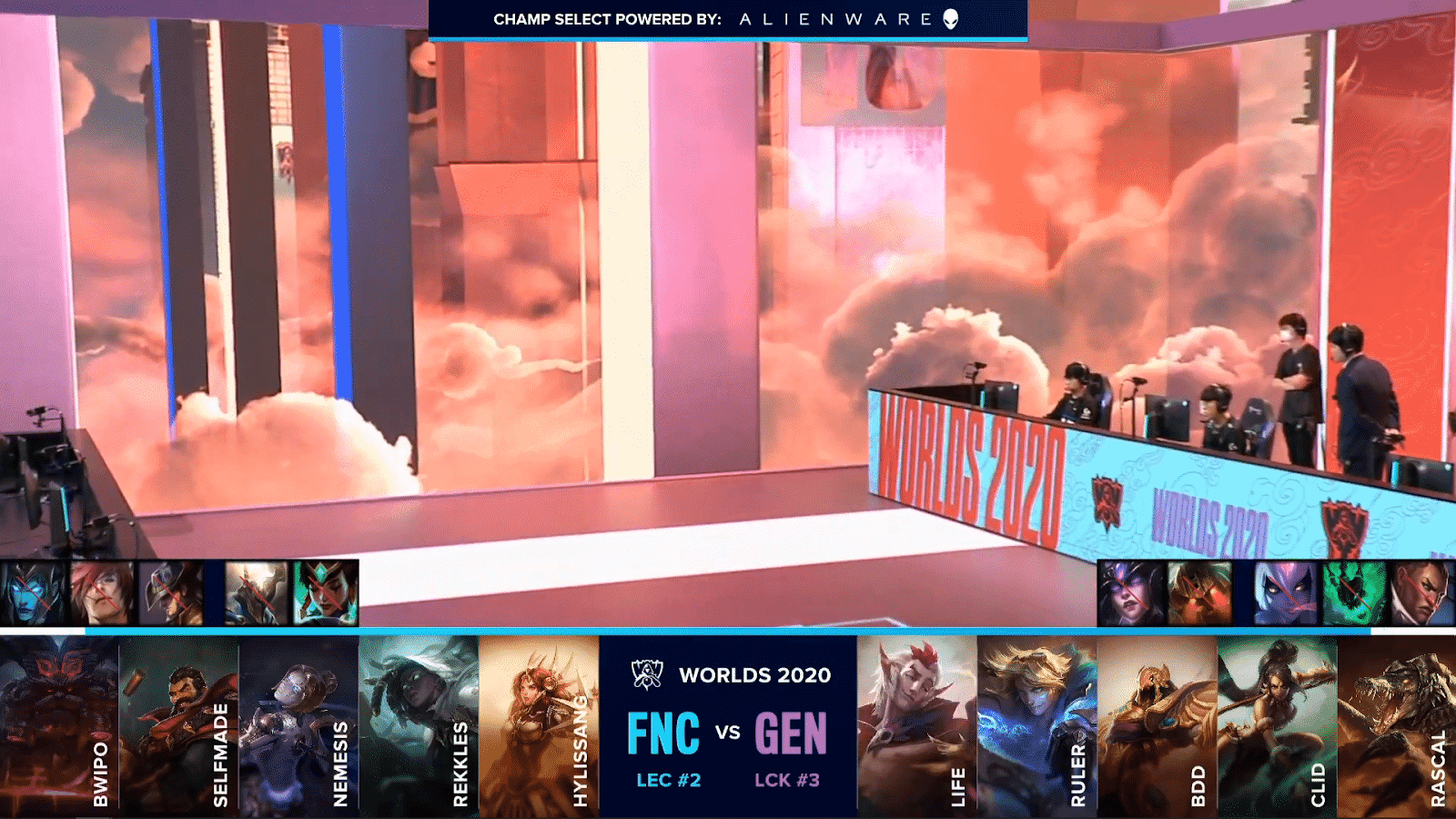 The Worlds 2020 stage with Gen.G and Fnatic on it featuring the teams' drafts below