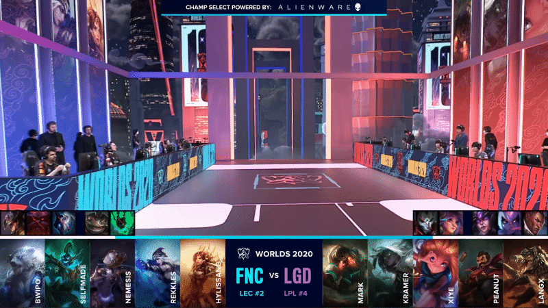 The Fnatic and LGD LoL teams on the Worlds 2020 stage with their match drafts below