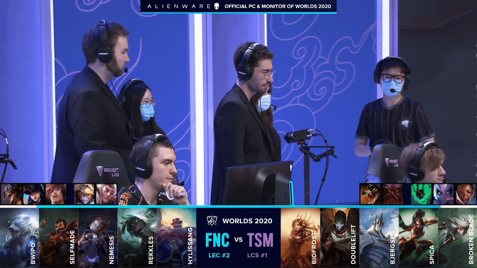 The Fnatic LoL team on the Worlds 2020 stage with their draft against TSM below