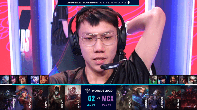 Machi Esports' Bruce before a game versus G2 Esports with the teams' drafts below