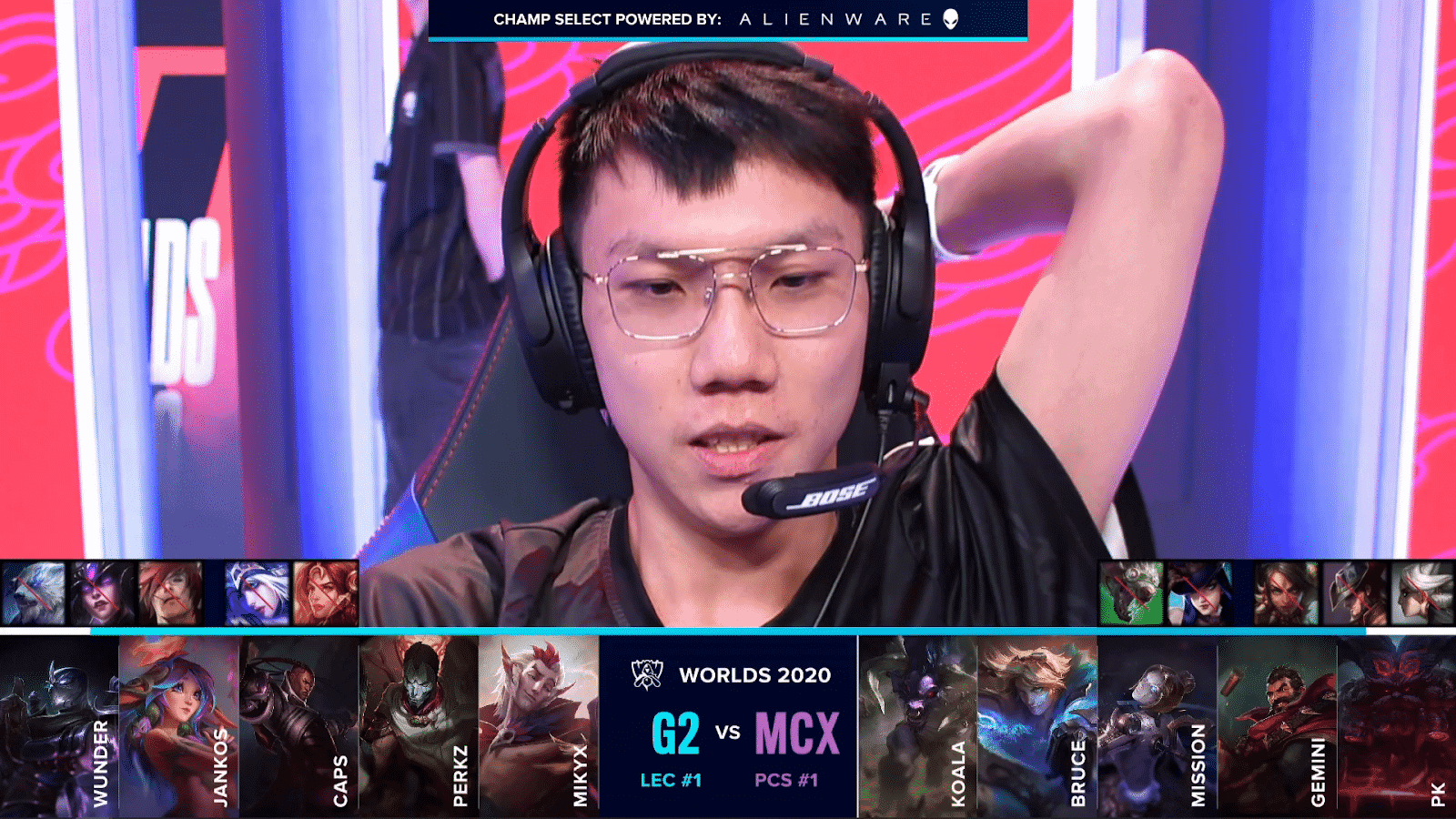 Machi Esports' Bruce before a game versus G2 Esports with the teams' drafts below