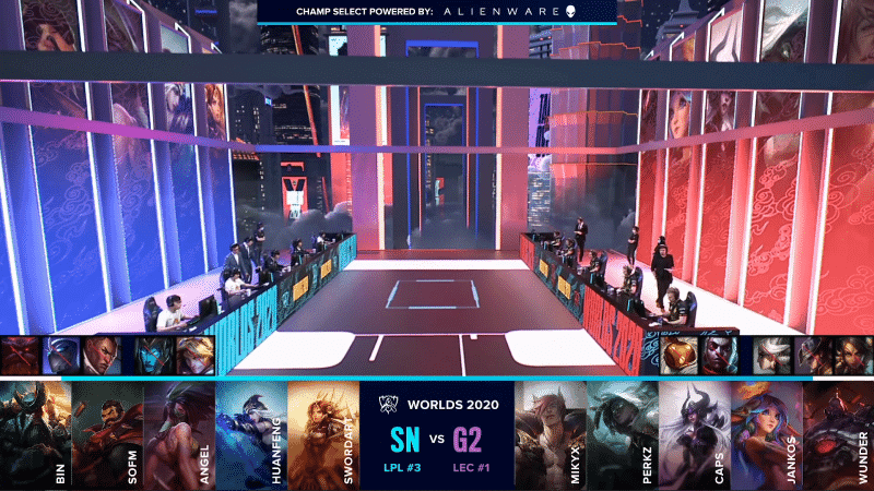 The G2 Esports and Suning LoL rosters on the Worlds 2020 stage with their tiebreaker match drafts below