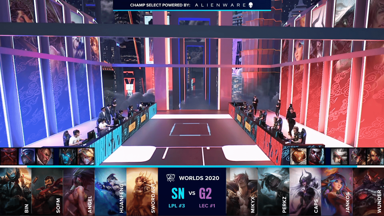 The G2 Esports and Suning LoL rosters on the Worlds 2020 stage with their tiebreaker match drafts below