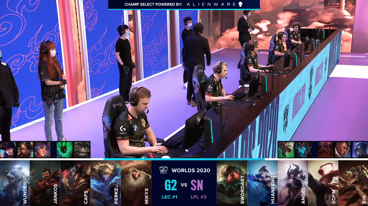 The G2 Esports LoL team on the Worlds 2020 stage with their draft versus Suning below