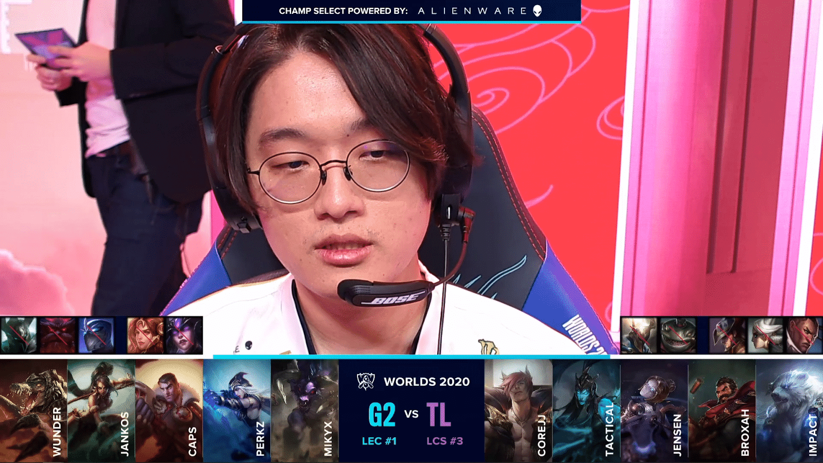 Team Liquid's CoreJJ preparing for a Worlds 2020 game with their draft versus G2 Esports below