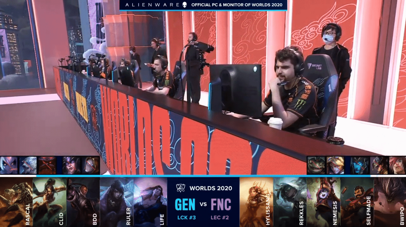 The Fnatic LoL team on the Worlds 2020 stage with their draft against GEN below